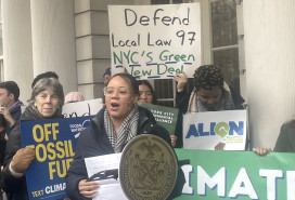 City Council member Carmen de La Rosa at a rally Thursday against the “landlord loophole”